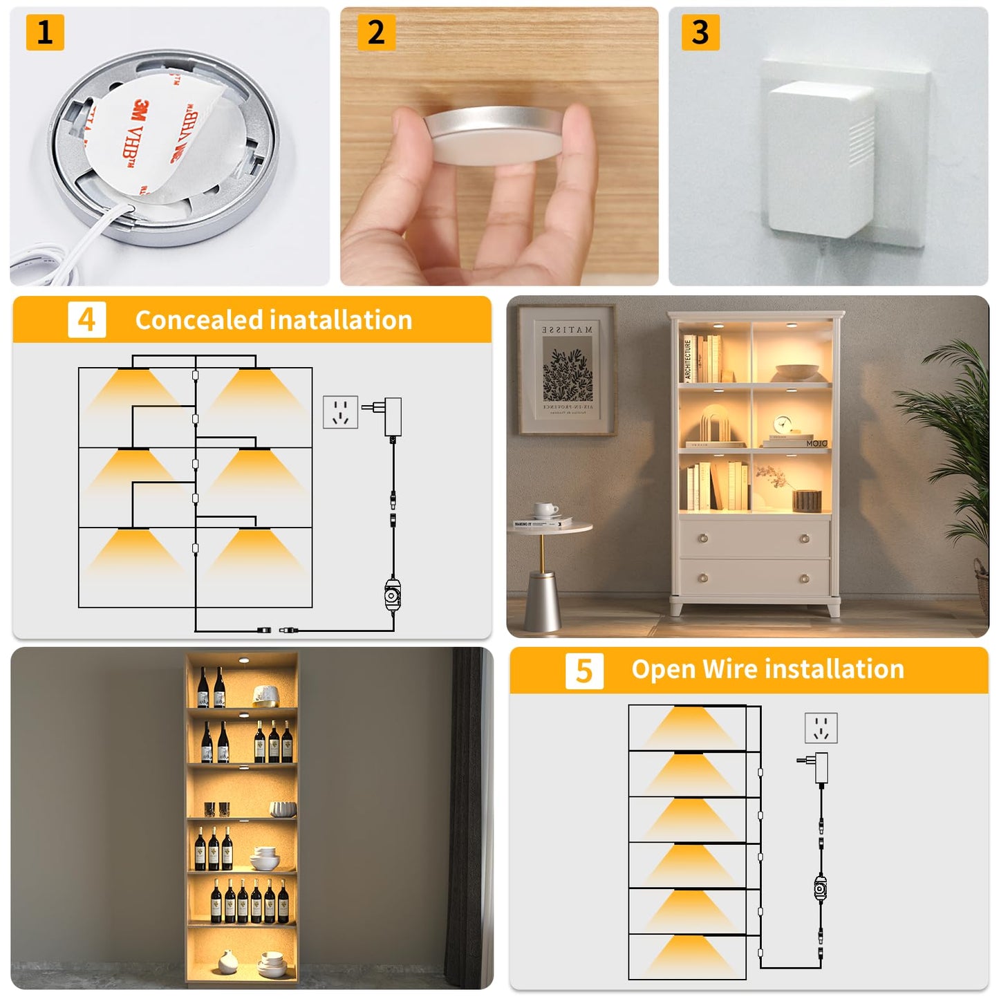 Wobane Led Puck Lights Plug In  Under Cabinet Lighting With Switch  Dimmable Under Counter Lighting For Shelf  Closet  Cupboard  Bookcase  Display  Super Bright  2700K Warm White  6 Pack