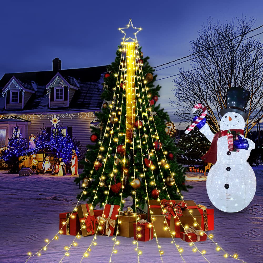 FUNIAO Christmas Decoration Lights, 320 LED Waterfall String Lights with 12in Star Topper, Warm White, Model YLS1000WD01