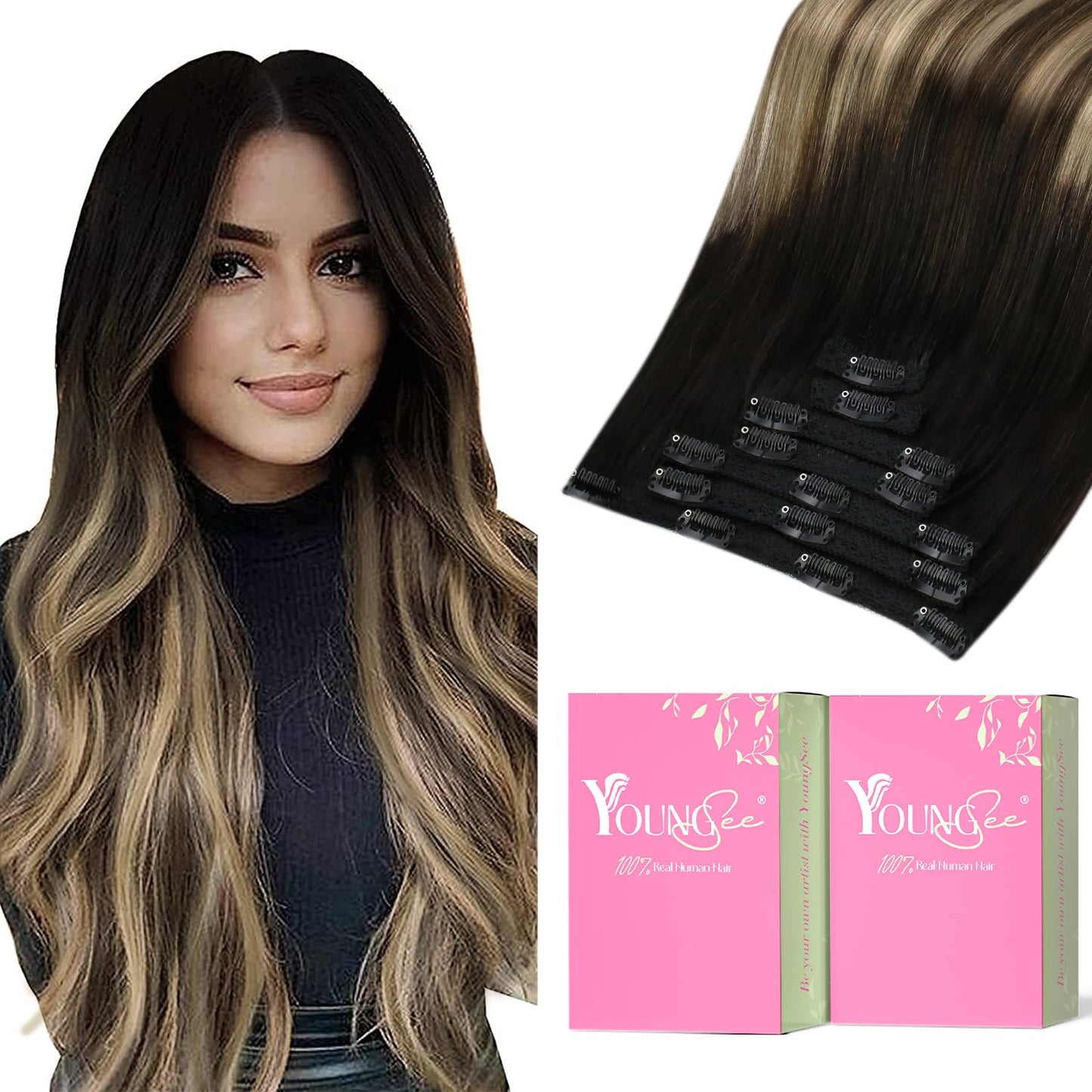 YoungSee 150G Clip in Hair Extensions Real Human Hair Straight Hair Extensions Clip ins Black Fading to Brown with Caramel Blond
