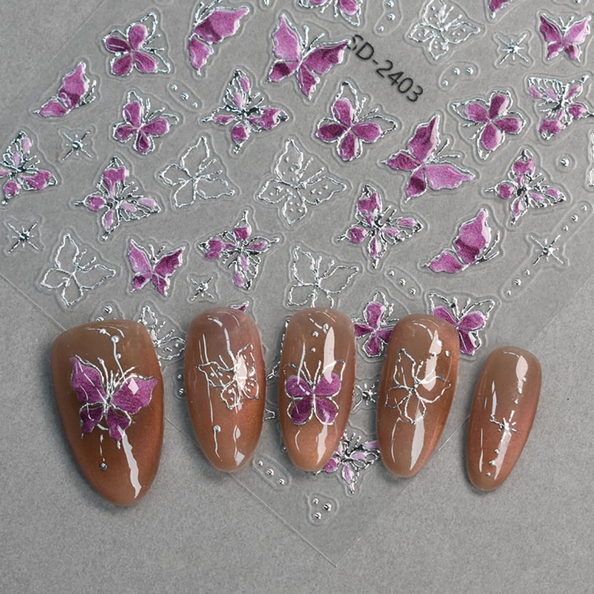 5D Butterfly Nail Stickers 6 Sheets Embossed Butterfly Nail Decals Pink Purple Self Adhesive Nail Art Stickers for Gel/Acrylic N