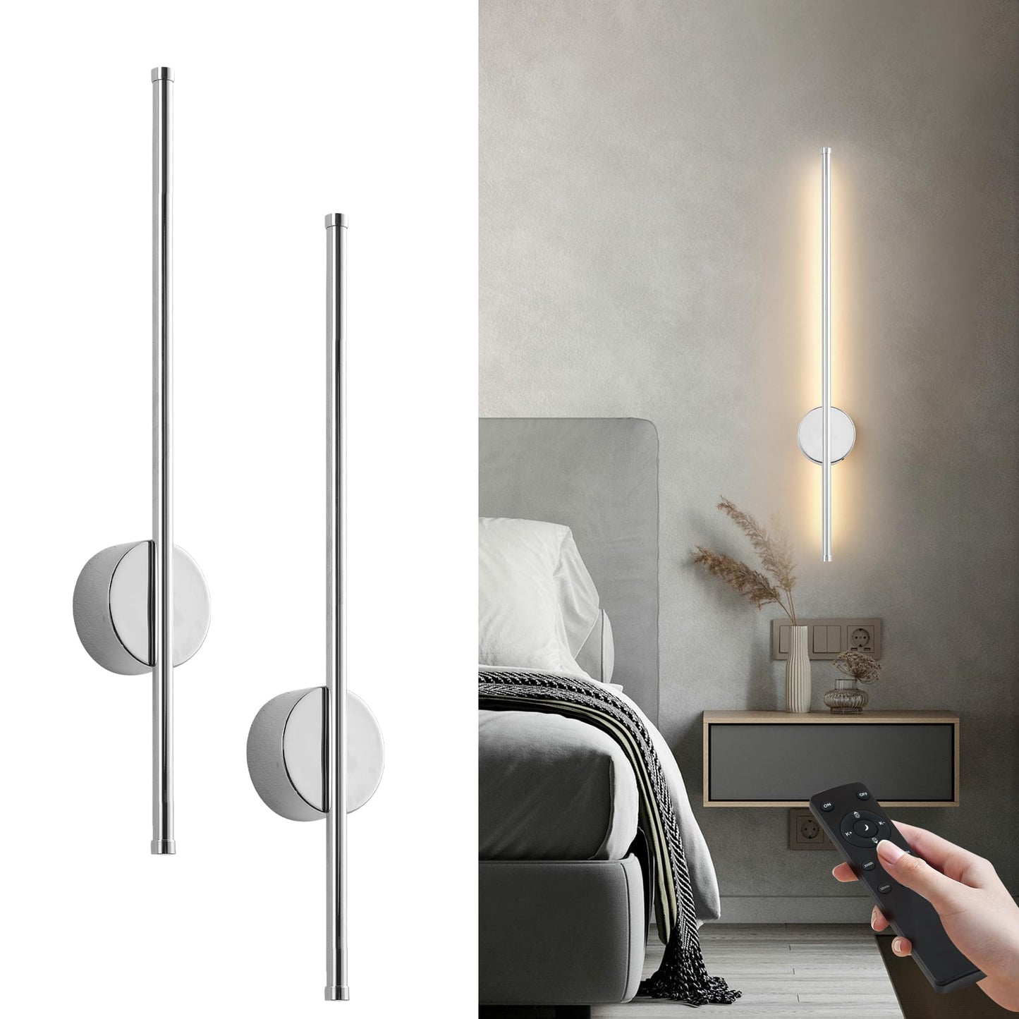 KARTOOSH Battery Operated Wall Sconces Set of 2, Dimmable LED, Chrome, 23.6 Inch, Model ZM322B, Remote Control, 3 Color