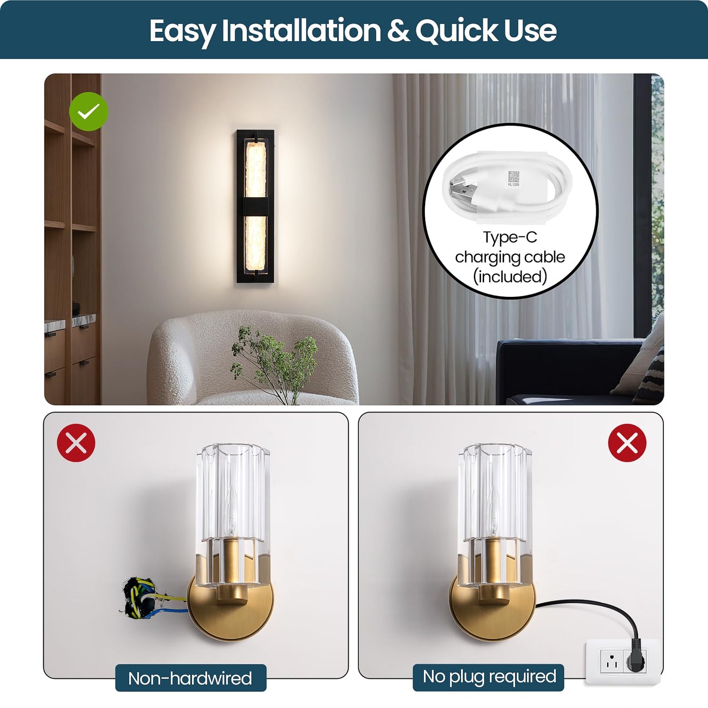 Battery Operated Resin Wall Sconce - Wireless Rechargeable Black Wall Light Dimmable Led Remote Wall Sconces Lighting Modern Cordless Vanity Light Fixtures No Wiring For Living Room Bedroom Bathroom
