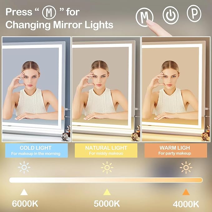 Makeup Vanity Mirror with USB Charging Port 28" x 22" Large LED Makeup Mirror, Desk Mirorr with Lights, Light up Mirror with 10X Magnification and, Dimmable 3 Modes, Touch Gold