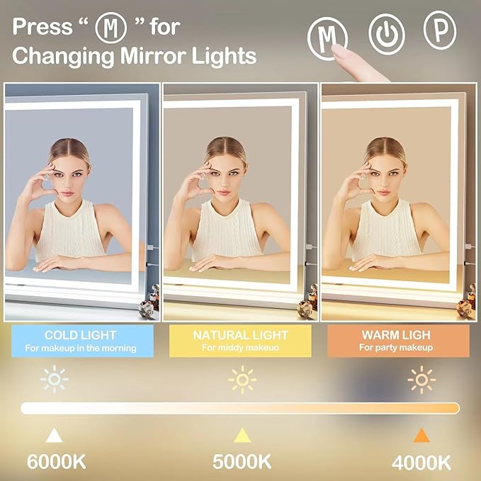 Makeup Vanity Mirror with Lights 32" x 24" Large LED Makeup Mirror, Light up Mirror with 10X Magnification and USB Charging Port, with Dimmable 3 Modes, Touch Screen Control Round Black