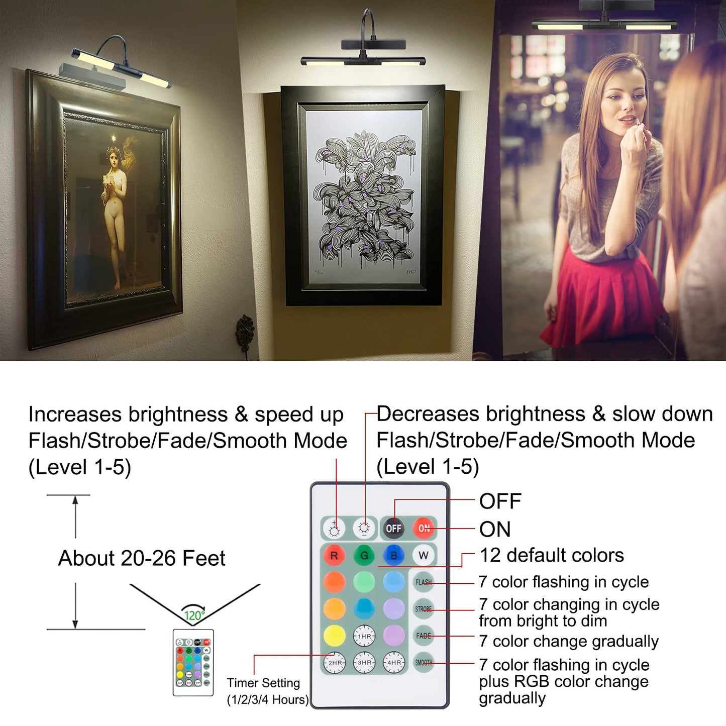 LUXSWAY Picture Lights Rechargeable,Painting Light for Picture with Aluminum Finish,Upgrade 12 Color Changing Art Lights with Timer for Display,Dart Board Lighting-Black