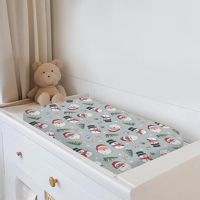 Cute Santa Claus Christmas Trees Baby Changing Pad Covers for Boy Girl Red Santa Snowman Candy Fitted Changing Table Cover Mats Winter Holiday Festive Soft Diaper Change Table Cover Sheets 32''×16''