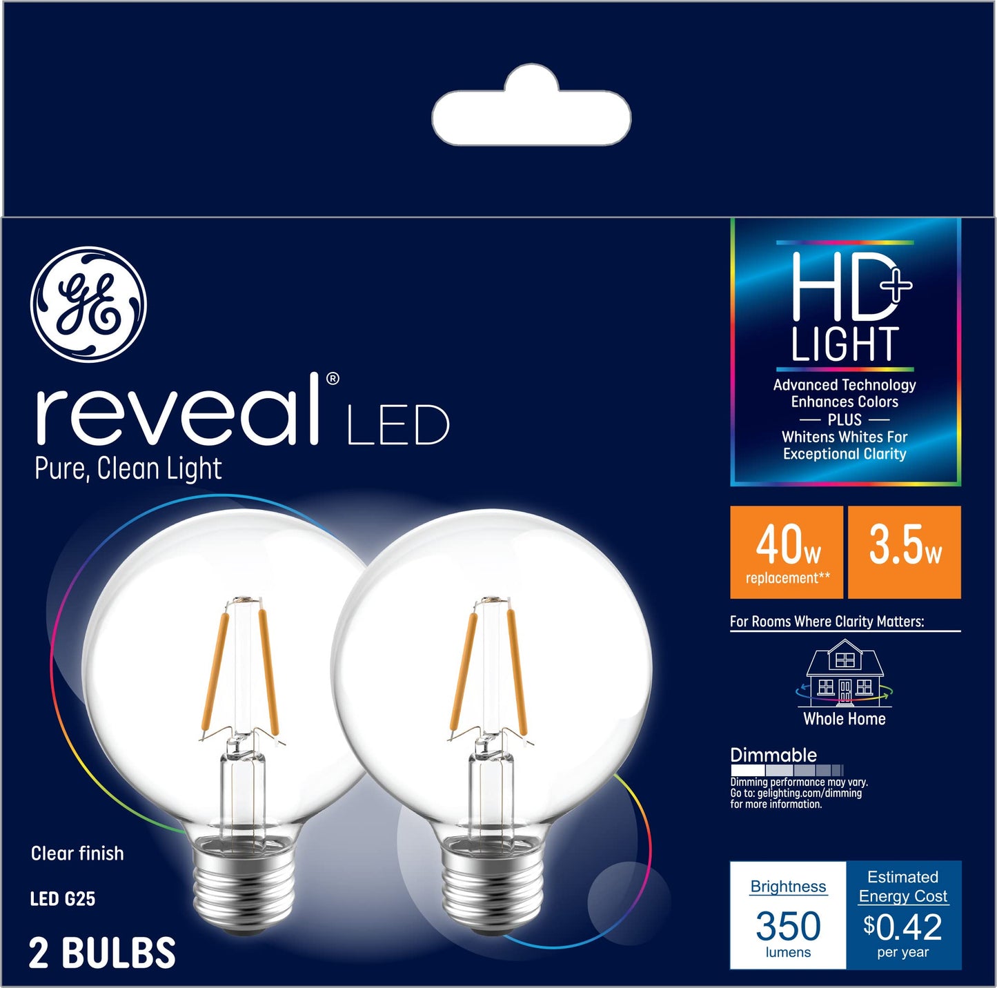 GE Reveal LED Globe Light Bulbs, 3.5W (40W Equivalent), Dimmable, Clear Finish, 2 Count, Model 31911