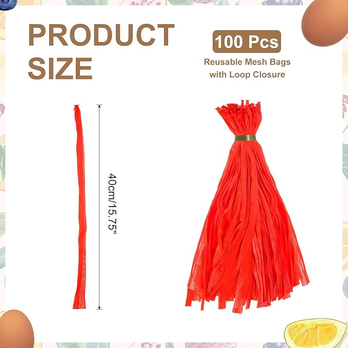 uxcell 100Pcs Reusable Produce Mesh Bags, 40cm Mesh Nylon Netting with Loop-Style Closures, Stretchable Egg Hatching Bags for Fruit Vegetable Storage, Red