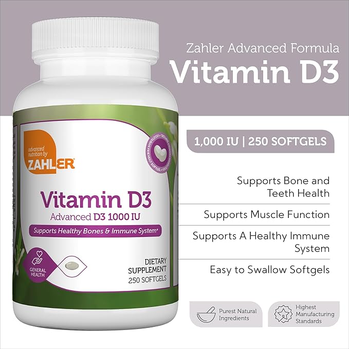 Zahler - Advanced Vitamin D3 1000 IU Softgels (250 Count) Kosher Vegetarian Friendly Vitamin D for Immune Support, Bone, Teeth & Muscle Health - Daily D3 Vitamin Supplement for Adults - Easy Swallow V