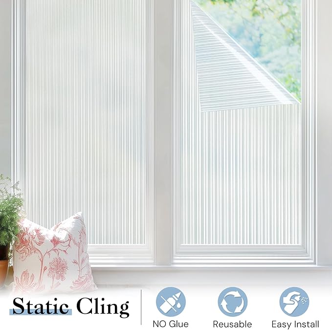 Haton Reeded Glass Window Privacy Film, Frosted Glass Window Film, Static Cling UV Blocking Stickers, Decorative Removable Cover for Bathroom Door Office, Non Adhesive 23.6" x 118.1"