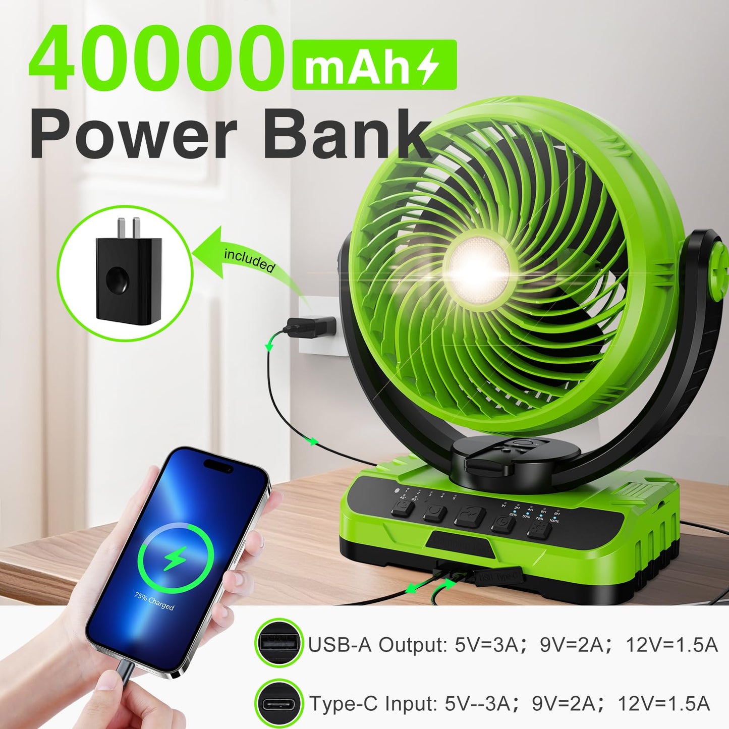 Camping Fan 40000Mah Rechargeable Tent Fans For Camping Hanging High Velocity Floor Fan Auto Oscillation Remote Control Timer Co