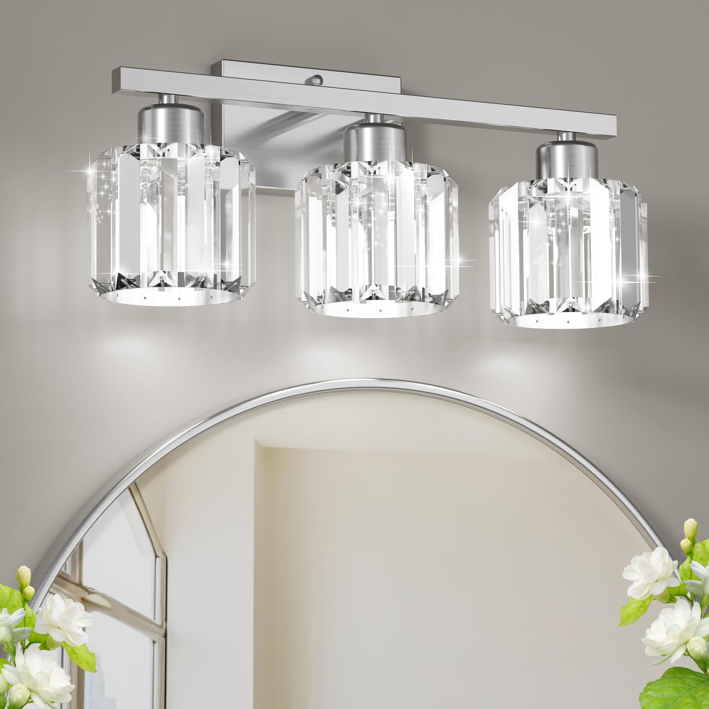 Golspark 3 Light Crystal Bathroom Vanity Light Fixtures Over Mirror  Brushed Nickel Modern Vanity Lighting Fixtures  Wall Sconce Bath Wall Light E26 Base Round Crystal Shades (Exclude Bulb)
