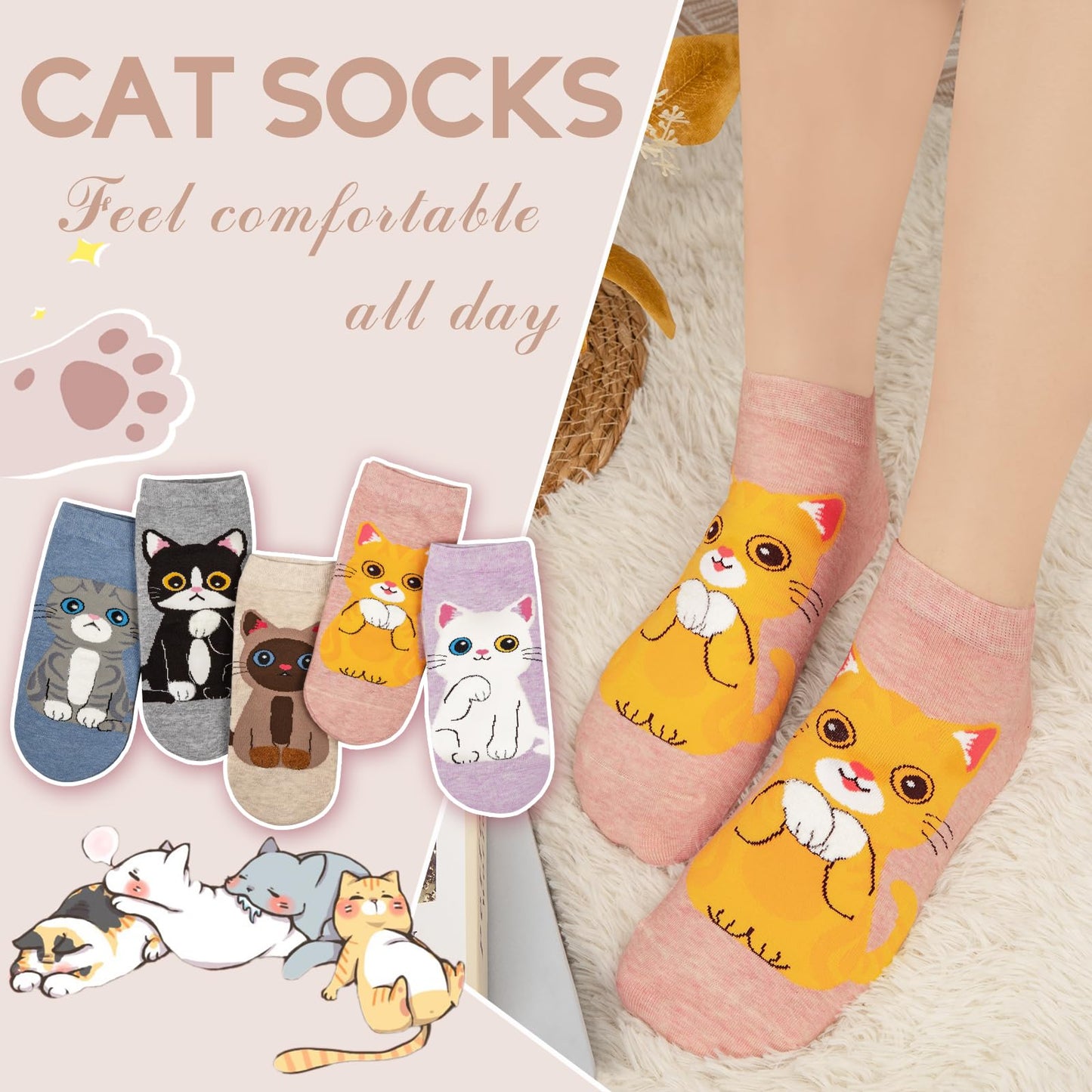 Justay 5 Pairs Cat Socks - Cute Cotton Novelty Funny Animal Fun Ankle Socks for Women Gifts