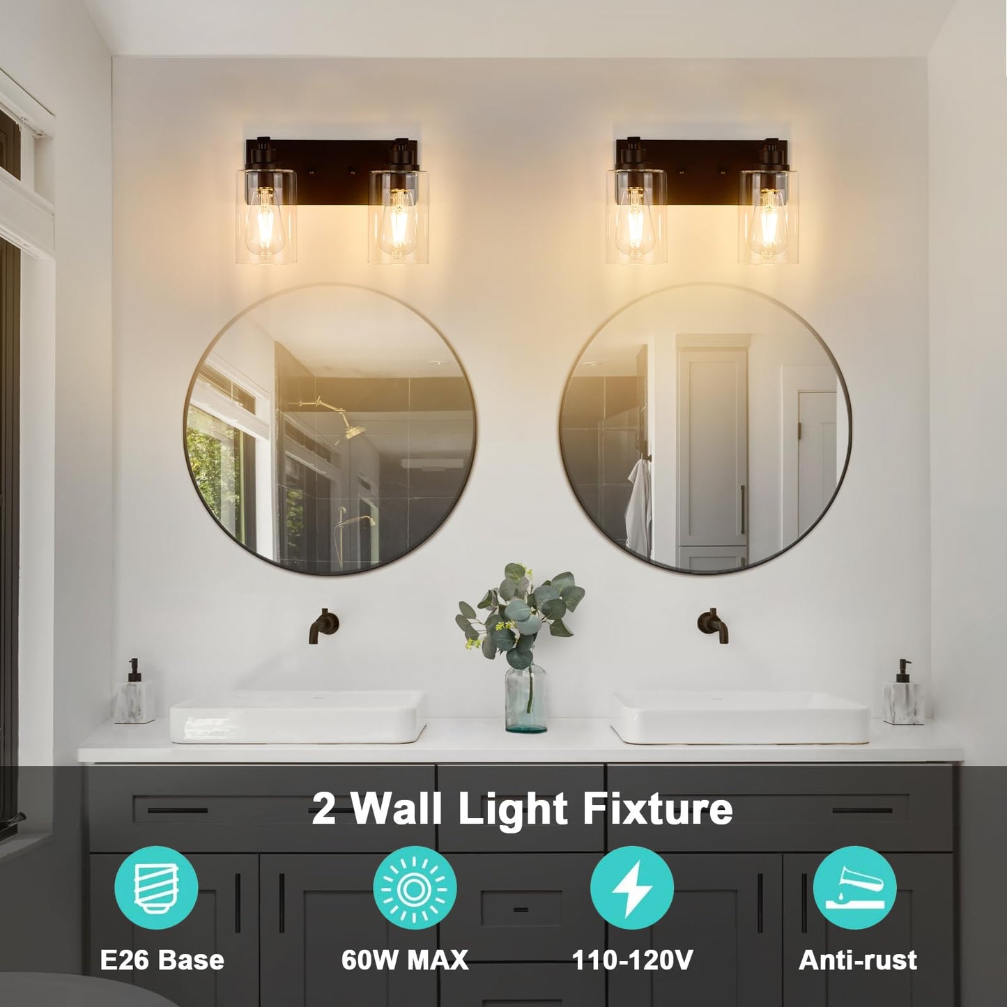 Alaislyc 2-Light Bathroom Light Fixtures Modern Orb Vanity Lights For Bathroom Lighting Fixtures Over Mirror With Clear Glass Shade For Cabinet Mirror Bedroom Hallway