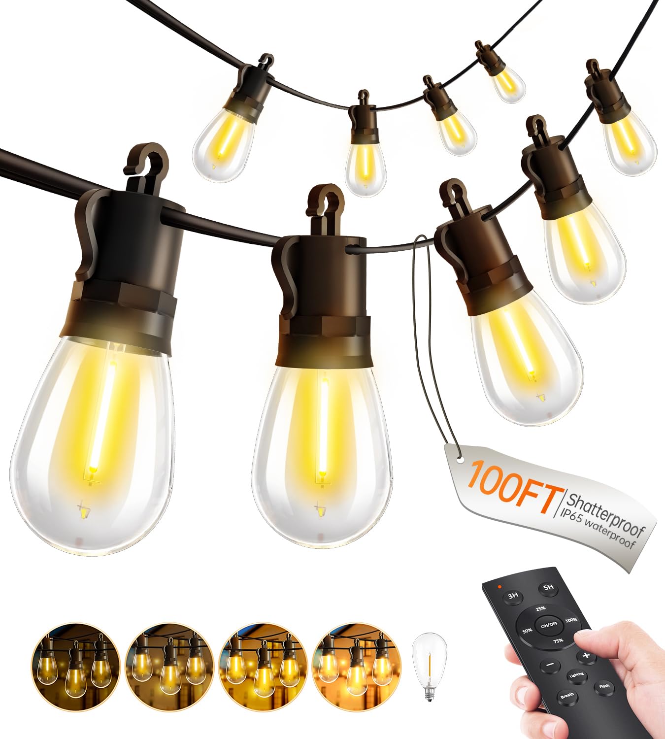 TBOSW Outdoor String Lights - 30M/100ft LED Patio Lights with Remote Control, IP65 Waterproof, Model CMC-O28XA