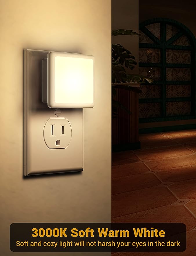 JandCase Night Lights Plug into Wall 2 Pack, Plug in Night Light with Dusk-to-Dawn Light Sensor, 3000K Soft White 0.3W, LED Nightlight for Bathroom, Adult, Hallway