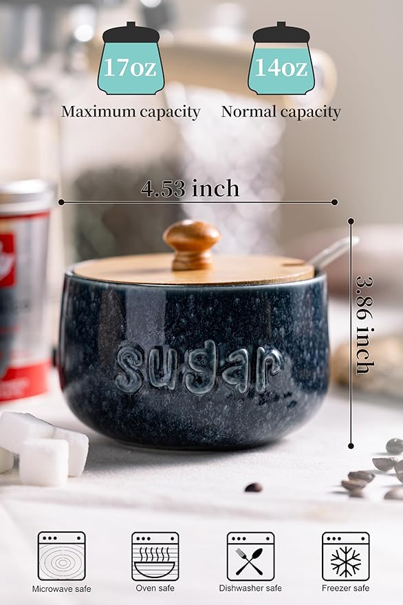 LYEOBOH Sugar Bowl with Lid and Spoon,17 OZ Large Sugar Jar for Countertop, Ceramic Sugar Dish for Coffee Bar, Azucarera for Farmhouse Home and Kitchen - Housewarming Gift, Starry Navy