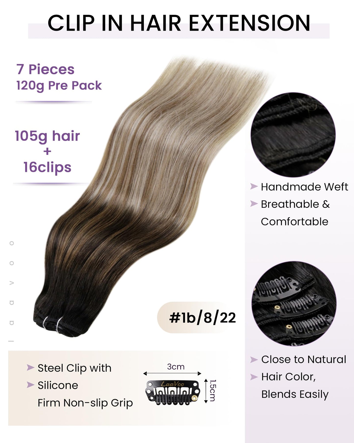 LaaVoo Human Hair Clip in Extensions Black Ombre Hair Extensions Clip ins Real Human Hair Black to Light Brown Mix Light Blonde
