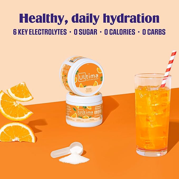 Ultima Replenisher Daily Electrolyte Powder Drink Mix – Sugar Free – Orange, 30 Servings – Hydration Powder with 6 Key Electrolytes and Trace Minerals – Keto Friendly, Vegan, Non-GMO