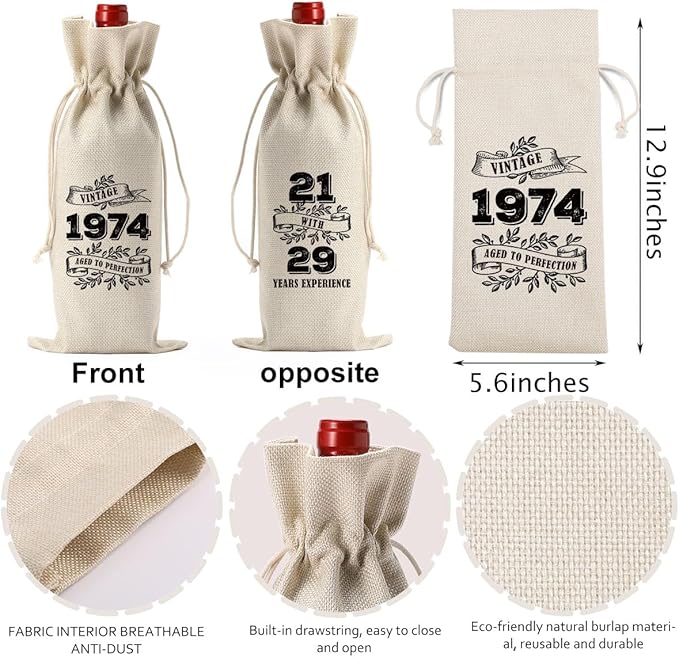 YUANHAO 50th Birthday Wine Bag, 50th Birthday Gifts Her Him, 50th Birthday Decorations, Best Vintage 1974 Year Old Gifts Wine Bag