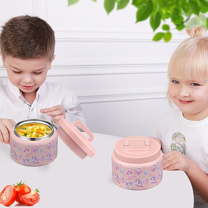 PIQUEBAR 8oz Kids Thermo for Hot Food,Small Lunch Thermos Food Container Stainless Steel,Easy Open Wide Mouth Thermo for Hot Cold Food for Preschool Travel (Pink Seahorse)