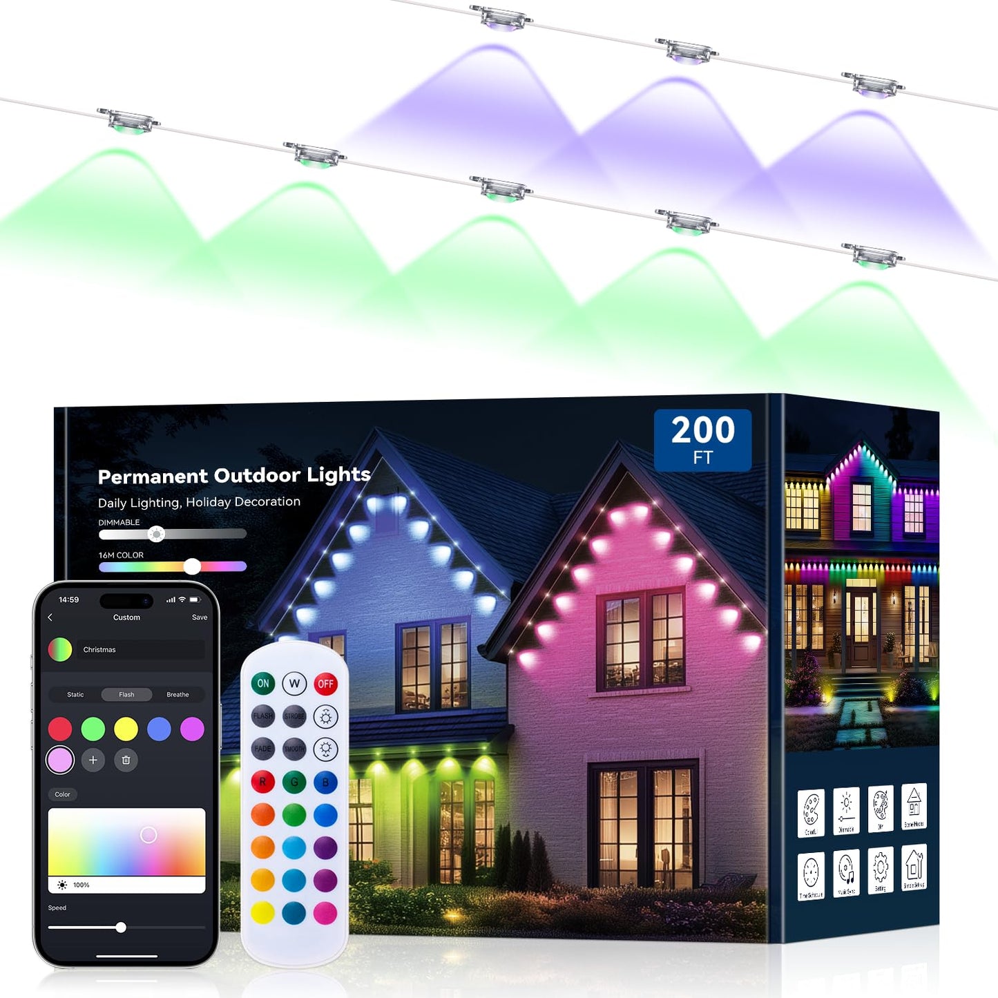 lemonrole 200FT RGB Eaves Lights - App Control, IP67 Waterproof, Multicolor, Model 3030