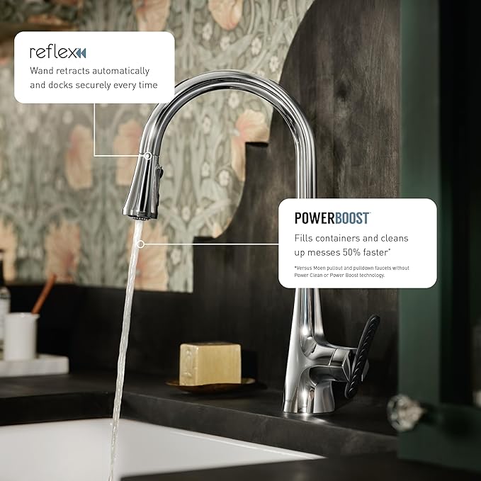 Moen Haelyn Chrome Single-Handle Pull-Down Sprayer Kitchen Faucet Featuring Power Boost for a Faster Clean, Soap Dispenser Included, 87627
