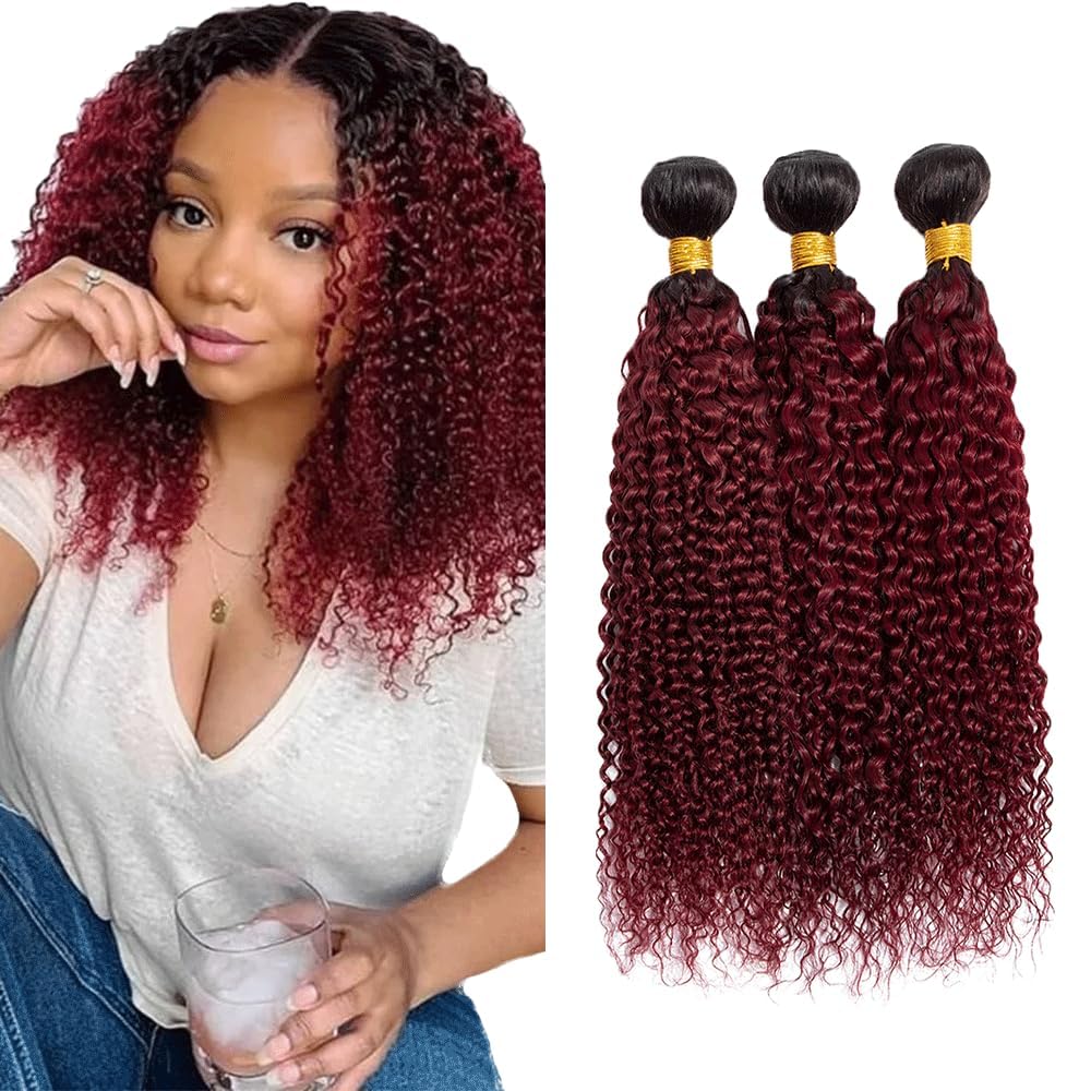 Peenoll 26 28 30 Inch Jerry Curly Wave Human Hair Bundles Omber Burgundy 99J Weave Bundles Human Hair 12A Unprocessed Brazilian