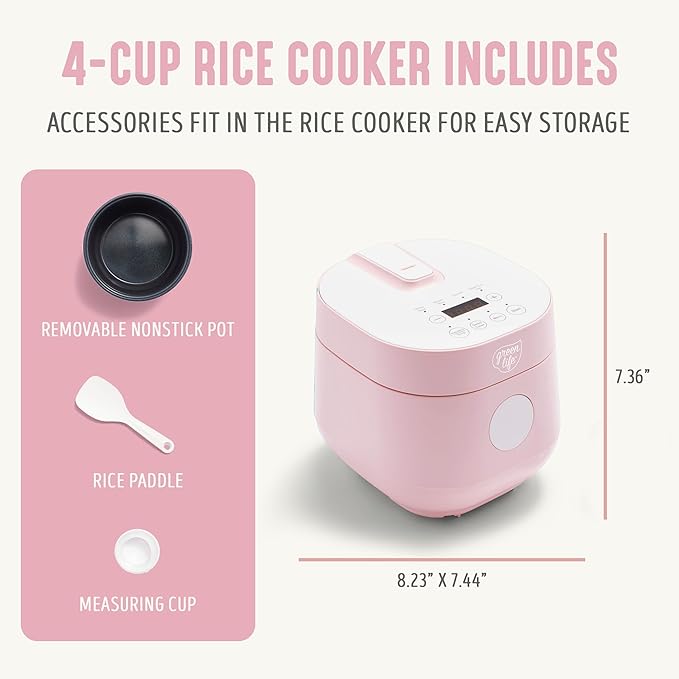GreenLife Digital Rice Cooker, 2-Cups Uncooked/4-Cups Cooked, Removable Nonstick Ceramic PFAS-Free Pot, One-Touch Presets, Oats, Quinoa, Brown Rice, Auto Keep Warm, Fuzzy Logic Tech, 1.5QT, Pink
