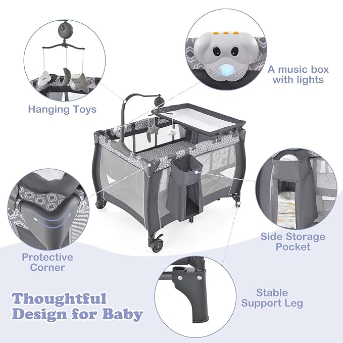 INFANS 3 in 1 Pack and Play, Portable Travel Baby Crib Bassinet with Detachable Mattress, Newborn Changing Table, Foldable Playpen with Carry Bag and 2 Wheels (Classic)