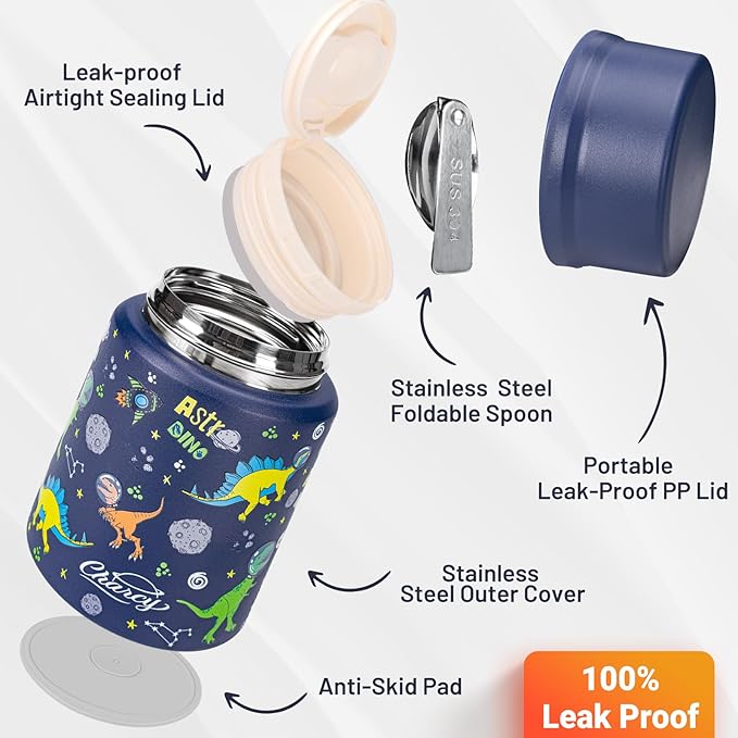 Charcy 17oz Thermo for Hot Food, Soup Thermo Food Container for Lunch Box with Folding Spoon ZB - Blue Dino TK