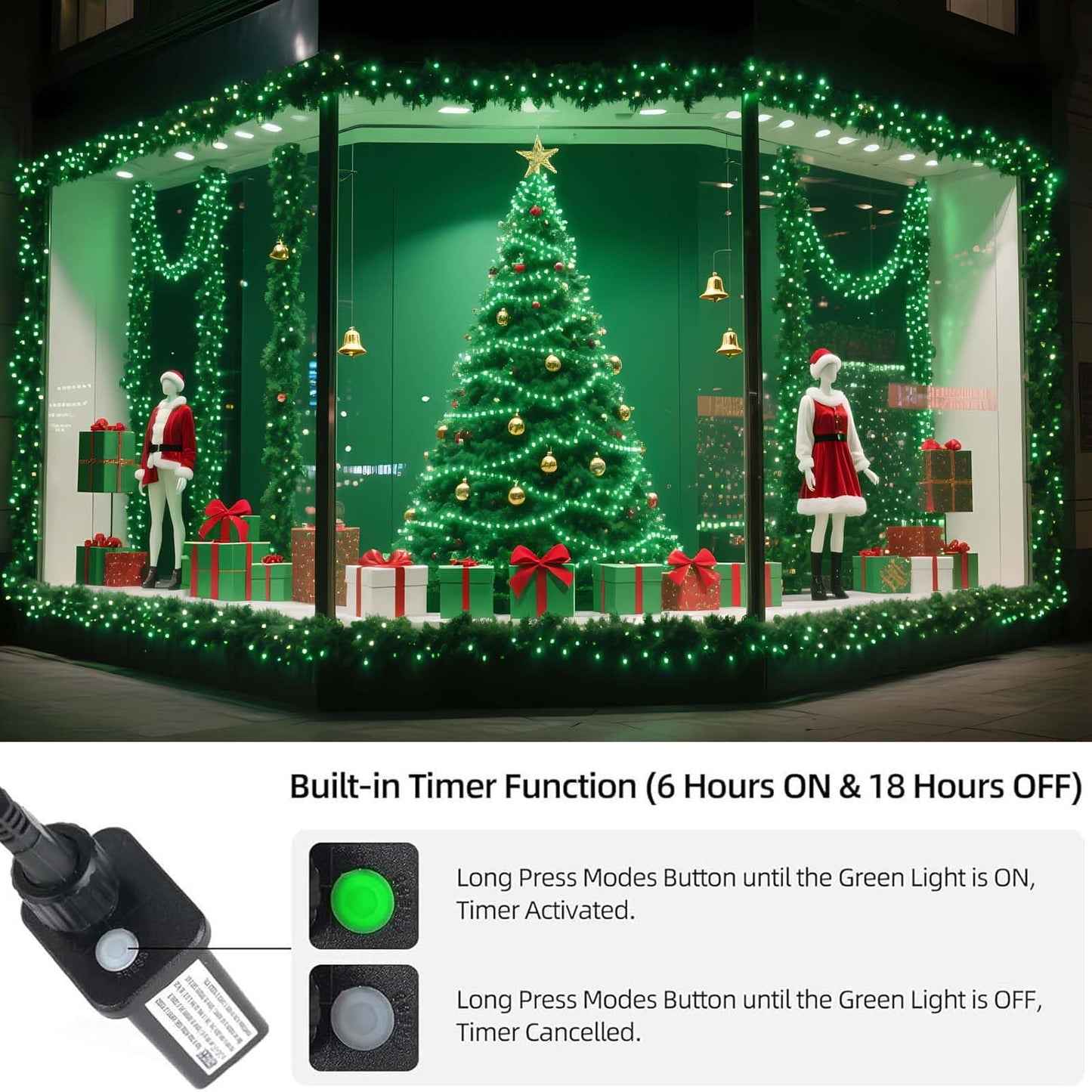 Tcamp 164Ft 500 Led Green Christmas Lights  8 Modes Christmas Tree Lights With Timer Memory Function  Green Wire Starry Fairy String Light For Xmas Tree Outdoor Indoor Decor