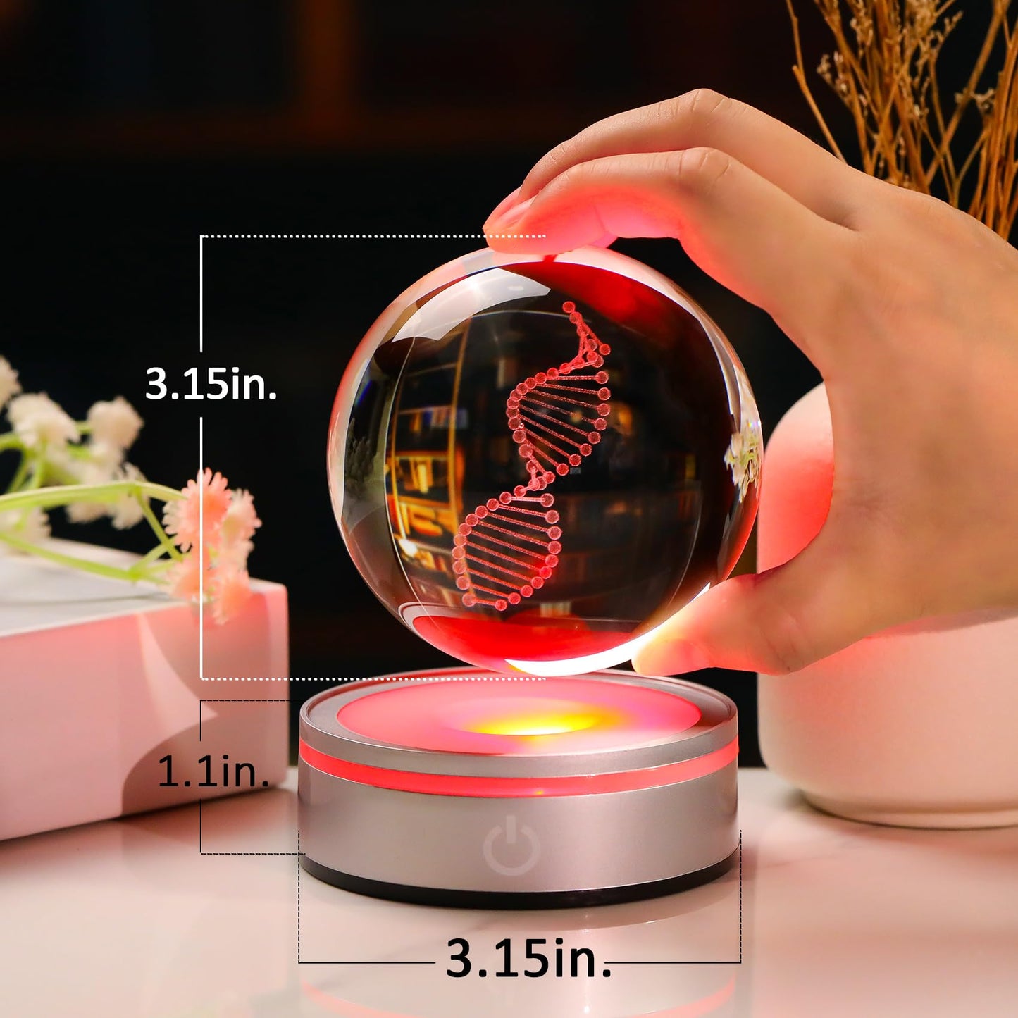 Enjinkail Dna Crystal Ball With Led Base - Unique 3D Laser Engraved Science Decor  Gift For Biology Teachers  Medical Students & Science Lovers  Classroom Lab Decor Night Light