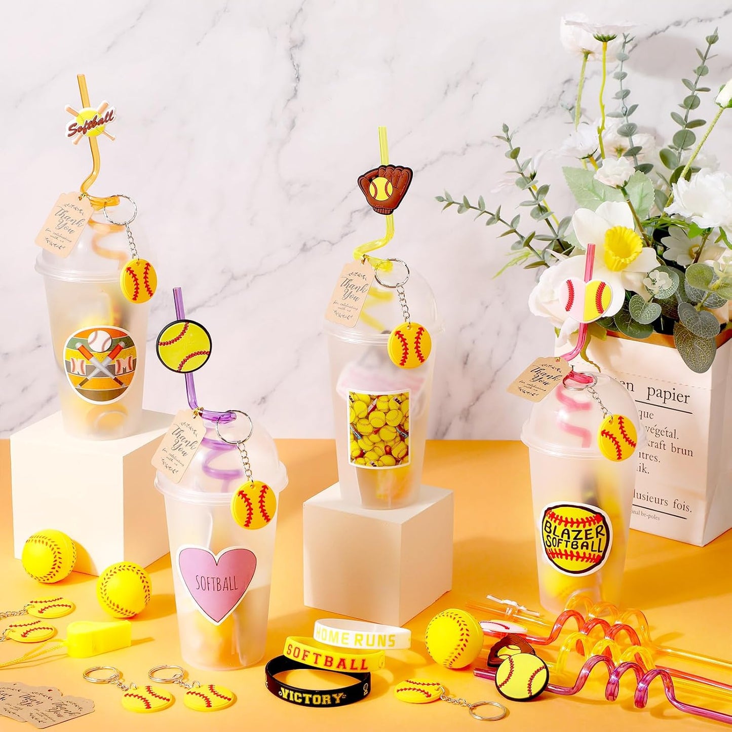 Weysat 184 Pcs Softball Party Favors Party Supplies with Cup Straw Stress Ball Keychain Sticker Bracelet Whistle Thank You Tags for Birthday Decorations (Softball)