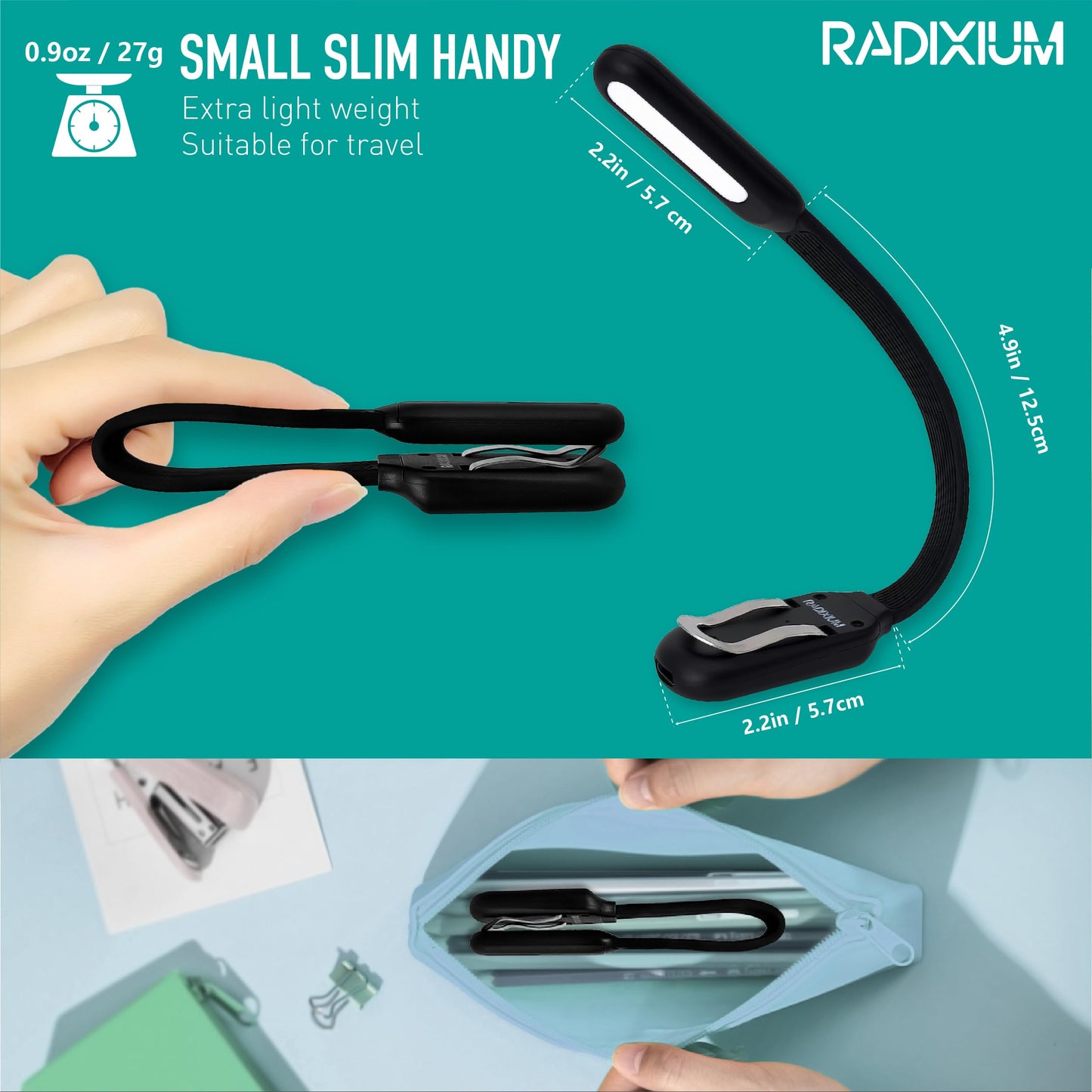 Radixium Slim Rechargeable Book Reading Light  Eye Caring Led With 4 Color Temperatures  Portable Clip On Book Light For Reading In Bed & Travelling. Prefect Elegant White Gift For Book Lover.(Black)