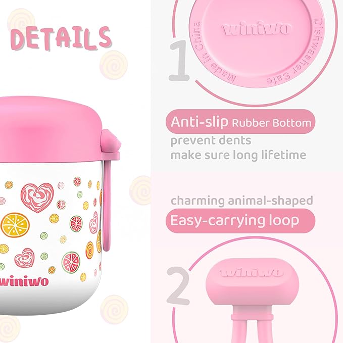 12oz Insulated Food Jar for Kids, Easy Carry, Wide Mouth, Thermos for Hot Food, Soup, Salad, Sandwich, School Lunches (Red-Candy)