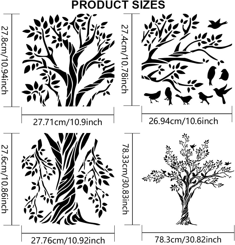 MAYJOYDIY 3pcs Large Tree Bird Branch Stencils 30.8×30.8inch Splice Size Bird On Tree Branch Template with Paint Brush 11.8×11.8inch Stencil Size for Wood DIY Wall Floor Decor Supplies