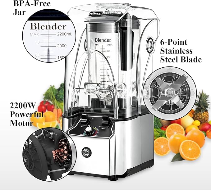 Commercial Blender for Smoothies 2200W With Soundproof Cover, 2200 ML, 15 Speeds, 6-leaves Stainless Steel Blade,Heavy Duty Blender for Restaurant,Ice Crush,Shakes, 9.5"D x 9"W x 19.7"H,Silver