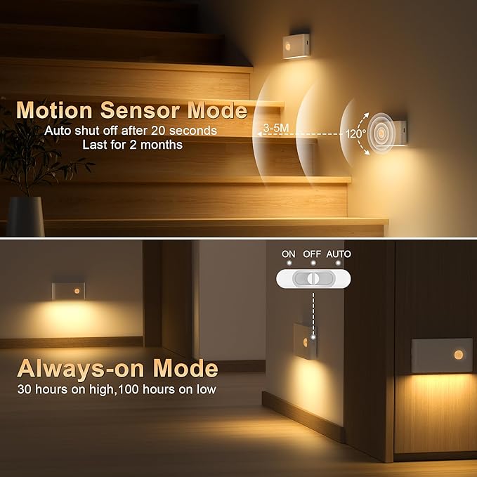 YiaMia Stair Lights Motion Sensor Indoor, 6-Pack Rechargeable Night Lights with 3 Color Modes, Wireless Under Cabinet Lighting for Stairs, Hallway, Kitchen, Bathroom