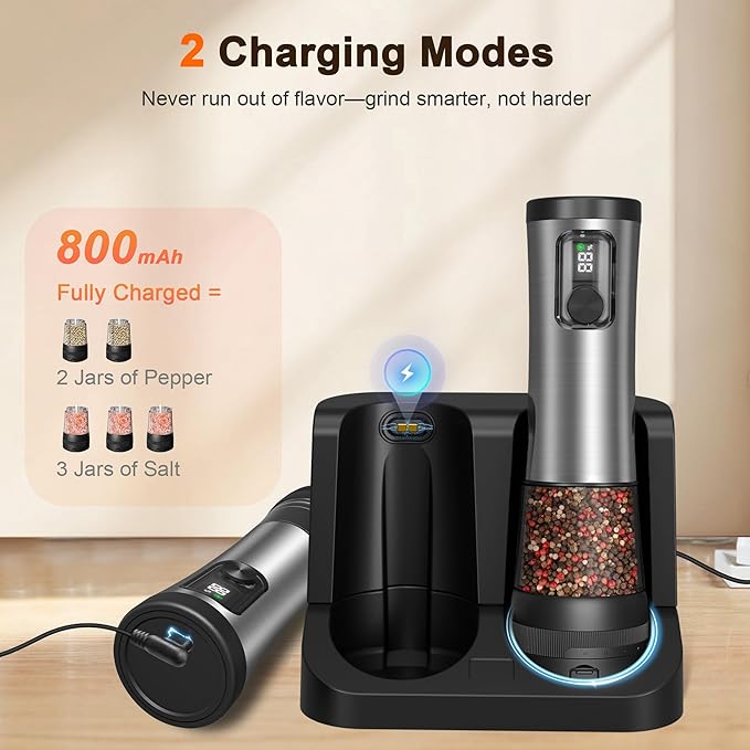 Electric Salt and Pepper Grinder Set, 2-Speed Setting, Stainless Steel Rechargeable Automatic Pepper Mill Shakers with USB Charging Base,100ml Large Capacity, External Adjustable Coarseness,LED Light