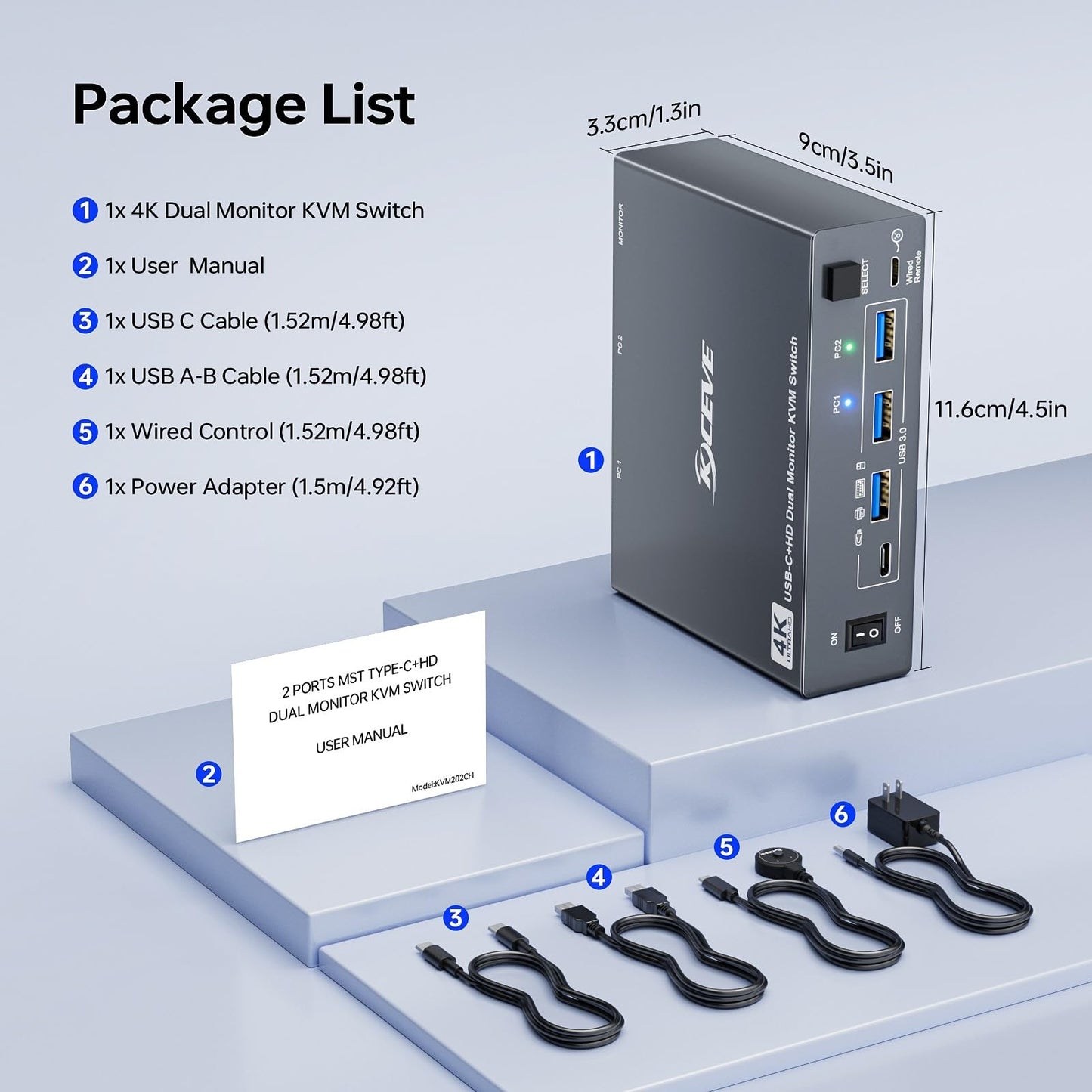 KVM Switch 2 Monitors for 1 Laptop and 1 Desktop 4K@60Hz, USB C HDMI Dual Monitor KVM Switch,Docking Station KVM Switches with 4 USB 3.0 Port, 80W PD Charging, Wired Remote and USB-C Cable Included