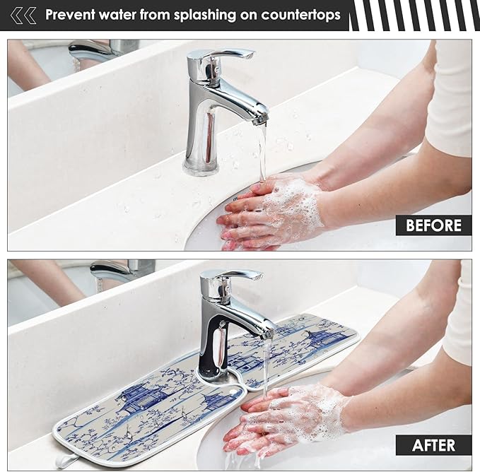 Kitchen Faucet Absorbent Mat, Ink Chinese Pagodas Trees Water Splash Guard for Sink, Faucet Drip Catcher Thicken Sponge Microfiber Faucet Water Catcher Mat Sink Absorbent Mat for Kitchen 30x5in 2Pack