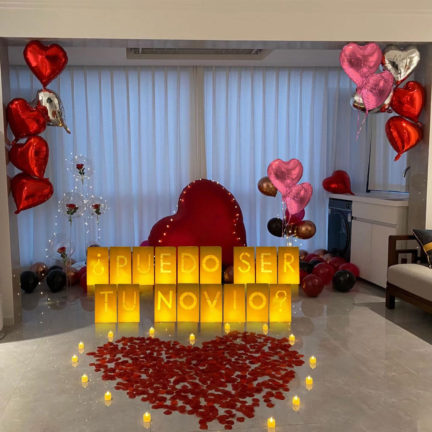 Puedo Ser Tu Novio? Lighted Letters Sign 17Pcs Luminary Paper Bags 2200Pcs Red Pink Artificial Rose Petals 48Pcs Flameless Led Candle Tealight 15Pcs Heart Balloons Romantic Night ValentineS Day