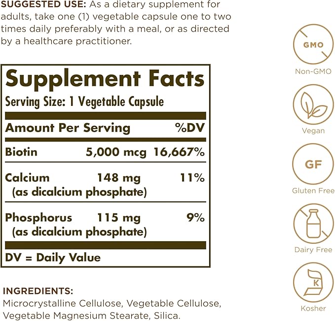SOLGAR Biotin 5000 mcg - 50 Vegetable Capsules, Pack of 2 - Supports Healthy Skin, Nails & Hair - Non-GMO, Vegan, Gluten Free, Dairy Free, Kosher - 100 Total Servings