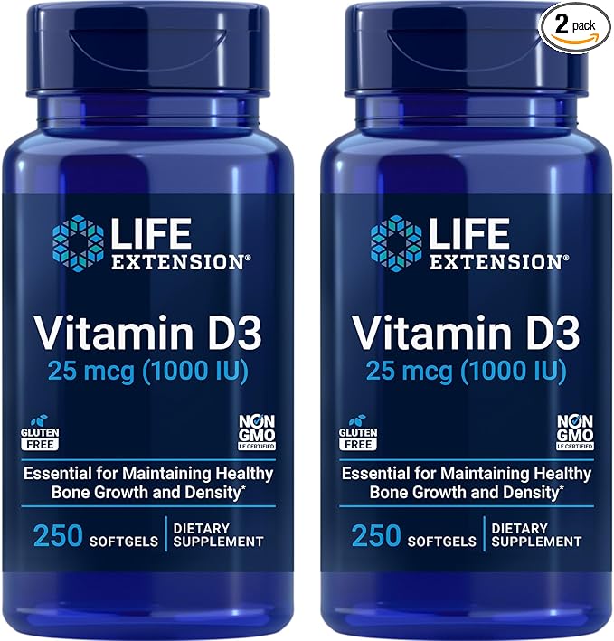 Life Extension Vitamin D3 25 mcg (1000 IU), Immune System Support, Bone Health, Whole-Body Health, Value Size, Gluten-Free, Non-GMO – Two Pack - 2 x 250 Softgels