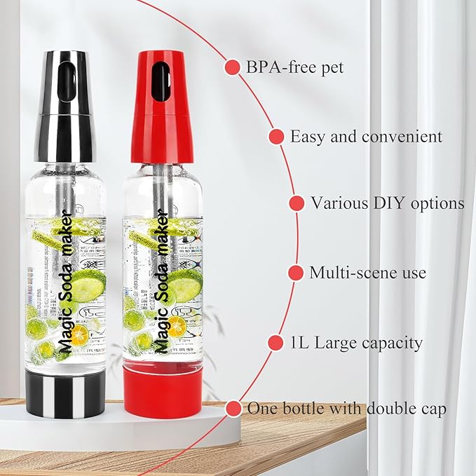 Sparkling Water Maker, Portable Soda Maker with 1L PET Carbonating Bottles, Soda Water Maker for Flavored Drinks, Soda Machine (Red)