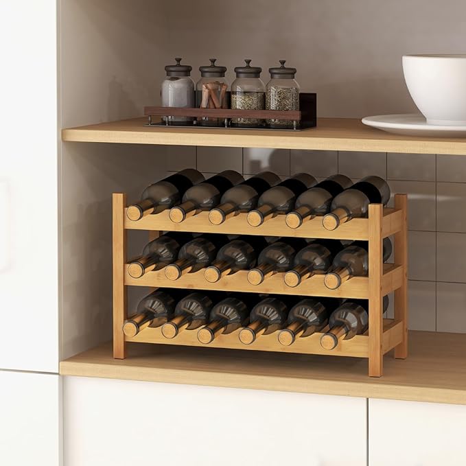 Giantex Bamboo 3-Tier 18-Bottle Wine Storage Cabinet Shelf, Small Countertop Wine Organizer for Kitchen, Bar, Pantry & Wine Cellar, Natural