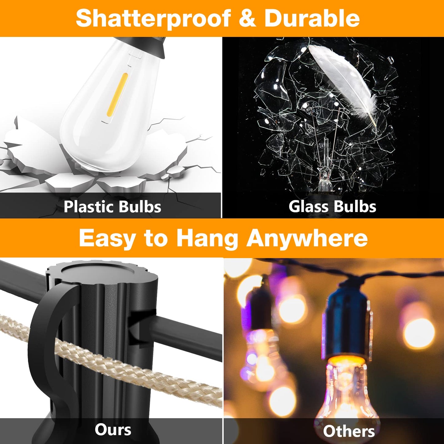 Gluroo 30Ft Outdoor String Lights - 15+1 Vintage Bulbs, Waterproof, Shatterproof, Energy Saving, Black, For Patio, Backyard, Camping