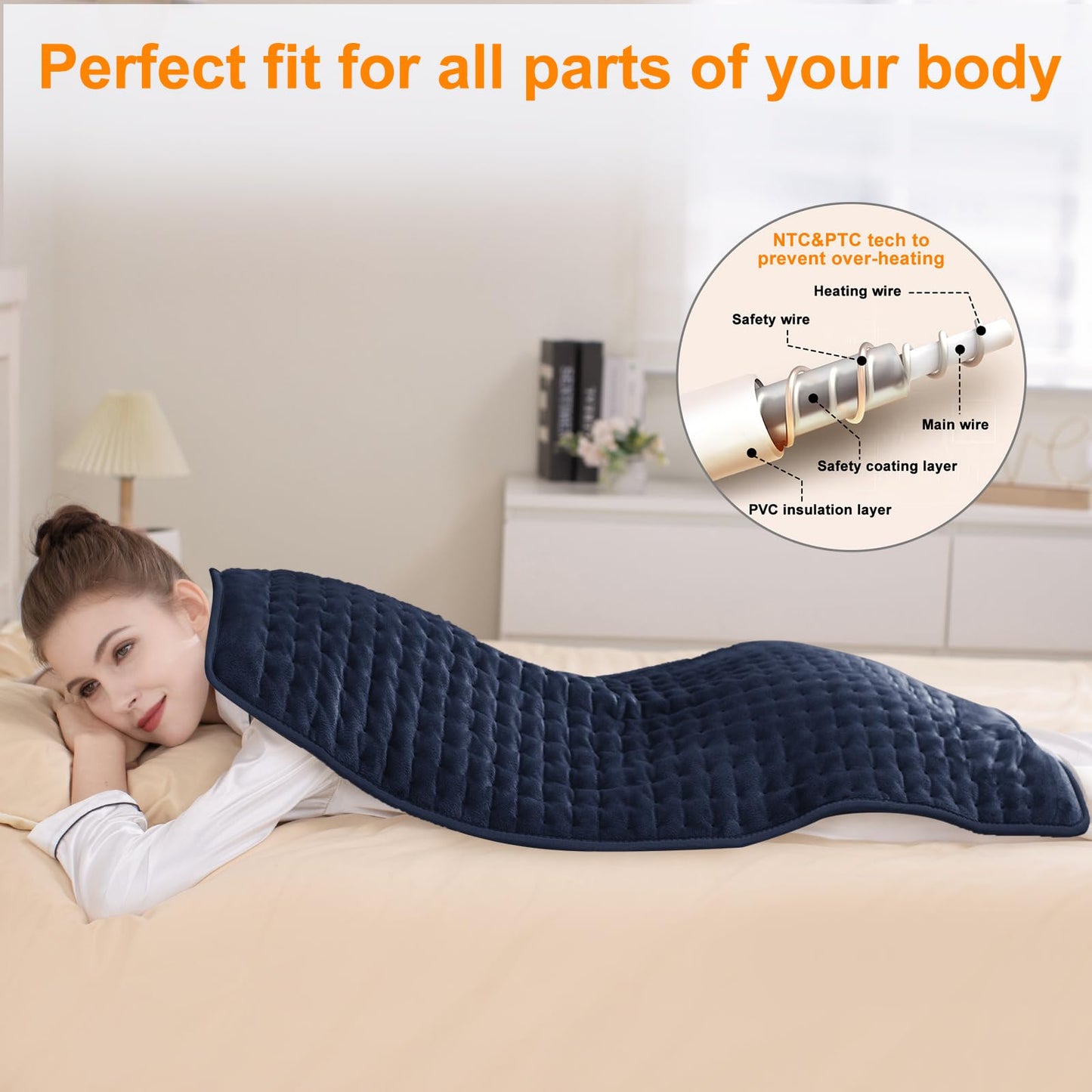 Deepsoon Heating Pad,Electric Heating Pads for Back,Neck,Abdomen,Moist Heating Pad for Shoulder,Knee,Arms,Legs,Dry/Moist Heat & Auto Shut Off,Christmas Gifts for Men and Women,Navy Blue,40x20 Inch