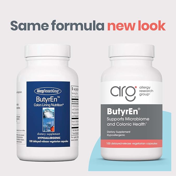 Allergy Research Group ButyrEn Supplement - Butyrate Gut Health Supplement, Colon Lining Nutrition, Butyric Acid, Delayed-Release, Vegetarian Capsules, Gluten Free - 100 Count